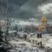 Scène hivernale représentant des traditions funéraires russes avec un cortège orthodoxe autour d’un cercueil dans un cimetière enneigé, au pied d’une église aux dômes dorés.