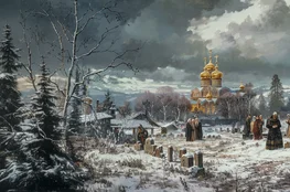 Scène hivernale représentant des traditions funéraires russes avec un cortège orthodoxe autour d’un cercueil dans un cimetière enneigé, au pied d’une église aux dômes dorés.