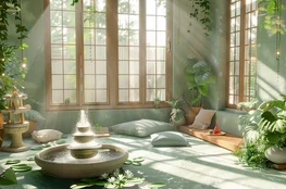 Créer un espace de méditation chez soi avec des plantes vertes, des coussins au sol, une fontaine centrale et une lumière naturelle douce.