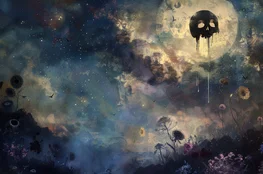Paysage surréaliste représentant un champ de fleurs fanées sous une lune ornée d’un crâne, évoquant la mort dans les œuvres de Salvador Dalí.