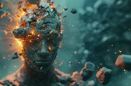 Image représentant un visage humanoïde fracturé avec des éclats de roche en suspension et des lueurs intérieures incandescentes, illustrant visuellement le concept de pleine conscience et réduction de la colère.