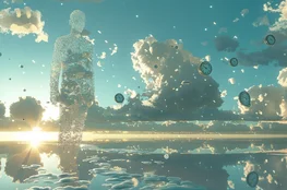 Illustration symbolique de la Philosophie de la Vie après la Mort : un corps éthéré s’élève dans un ciel surréaliste, entouré d’horloges flottantes représentant l’abandon du temps matériel.
