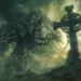 Représentation artistique des symboles de la mort dans l’art celte, avec une croix celtique nouée de lianes et un arbre sacré sous un ciel orageux.