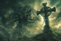 Représentation artistique des symboles de la mort dans l’art celte, avec une croix celtique nouée de lianes et un arbre sacré sous un ciel orageux.