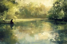 Une personne médite au bord d’un lac calme, entourée de nature, symbolisant la pleine conscience dans les moments difficiles.