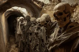 Momies vêtues de robes en décomposition dans un couloir ancien des catacombes des Capucins, célèbre site funéraire de Palerme.