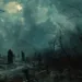 Paysage sombre d’un cimetière envahi par les brumes, des croix en bois marquant les tombes, avec des figures encapuchonnées marchant parmi les restes humains ; une représentation symbolique des cimetières de la peste.