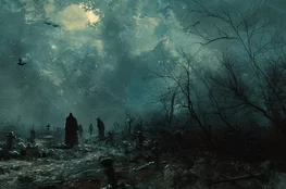 Paysage sombre d’un cimetière envahi par les brumes, des croix en bois marquant les tombes, avec des figures encapuchonnées marchant parmi les restes humains ; une représentation symbolique des cimetières de la peste.