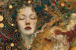Portrait de femme dans un style inspiré de Gustav Klimt, entourée de motifs dorés et symbolistes représentant La mort et la beauté dans les œuvres de Klimt.