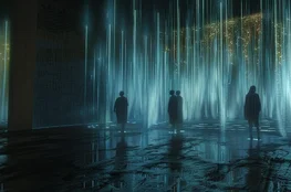 Personnes dans un environnement immersif numérique représentant des cimetières virtuels, évoquant un Memento-mori moderne et contemplatif.
