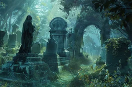 Cimetières abandonnés recouverts de végétation dans une forêt brumeuse, illustrant l’esprit du Memento-mori et la beauté silencieuse de la mémoire oubliée.