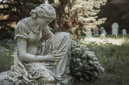 Les sculptures de cimetière représentant une femme en deuil dans un champ de tombes anciennes, illustrant le thème du memento-mori et la symbolique du souvenir funéraire.