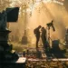 Scène de tournage dans un cimetière ancien à l’aube, avec des techniciens et des caméras installés entre les tombes — une illustration parfaite du thème “Les cimetières et les films” pour l’article Memento-mori.