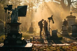 Scène de tournage dans un cimetière ancien à l’aube, avec des techniciens et des caméras installés entre les tombes — une illustration parfaite du thème “Les cimetières et les films” pour l’article Memento-mori.