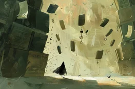 Illustration onirique pour le bandeau hebdo de Memento-mori.info : une silhouette avance entre des murs de livres dans une lumière dorée, entourée de pages flottantes — une représentation poétique de la quête intérieure pour apprendre à mourir.