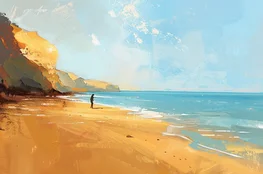 Homme solitaire sur une plage face à la mer, marchant dans le sable sous un ciel bleu, image illustrant l'idée de philosopher sur la plage dans l’esprit du Memento-mori.