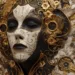 Image d’un masque funéraire richement décoré de dorures florales et d’arabesques, incrusté dans une fresque symbolique évoquant le memento-mori et la fragilité de la vie face au temps.