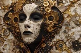 Image d’un masque funéraire richement décoré de dorures florales et d’arabesques, incrusté dans une fresque symbolique évoquant le memento-mori et la fragilité de la vie face au temps.