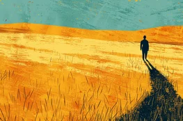 Illustration symbolique représentant un Memento-mori : une silhouette solitaire marchant dans un champ sec sous un soleil écrasant, incarnant la tension entre l'été et la mort.