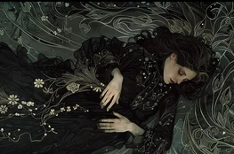 Illustration représentant une femme en robe noire brodée de fleurs, allongée comme une dormeuse funèbre, incarnant avec poésie l’alliance de l’art et deuil dans une esthétique contemporaine du Memento-mori.