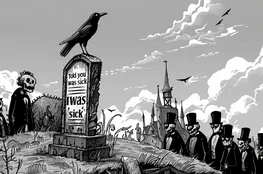 Illustration en noir et blanc d’un cortège funéraire constitué de squelettes habillés en tenues victoriennes, avançant vers une pierre tombale où est inscrit, avec humour noir, "Told you was sick – I was sick". L’image illustre une interprétation grinçante du memento-mori, entre ironie et macabre.