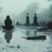 Silhouette méditant dans un cimetière brumeux, illustrant la pratique de pleine conscience en lien avec le memento-mori.