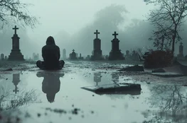 Silhouette méditant dans un cimetière brumeux, illustrant la pratique de pleine conscience en lien avec le memento-mori.