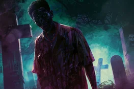 Zombie dans un cimetière embrumé, croix et pierres tombales en arrière-plan, illustrant le Retour des morts dans la fiction dans l’esthétique Memento-mori.