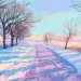 Paysage d’hiver pastel montrant une route enneigée bordée d’arbres nus, inspirant une atmosphère de Memento-mori et rappelant le processus intime de faire son deuil.