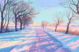 Paysage d’hiver pastel montrant une route enneigée bordée d’arbres nus, inspirant une atmosphère de Memento-mori et rappelant le processus intime de faire son deuil.