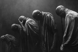 Image en noir et blanc représentant une procession d’humains voûtés, symbolisant la peur de la mort et l’idée du Memento-mori.
