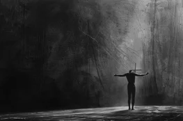 Illustration en noir et blanc d’une silhouette cruciforme face à une lumière éclatante. L’image évoque le message originel de Jésus et la méditation Memento-mori, rappelant la mort comme passage et non comme fin.