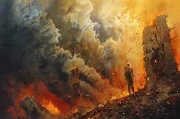 Illustration de La mort symbolique représentant un être humain contemplant la fin d’un monde en flammes, symbole de dépouillement intérieur et de transformation spirituelle, dans l’univers visuel de Memento-mori.