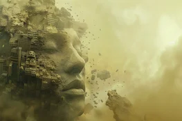 Visuel symbolique représentant une fusion entre visage humain et ruine urbaine, évoquant la décomposition du monde dans l’ombre et l’IA, univers de Dysthymus sur Memento-mori.