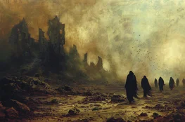 Silhouettes sombres marchant dans un paysage apocalyptique en ruines, symbolisant la quête de Dysthymus pour vivre après la mort intérieure – visuel issu de Memento-mori.