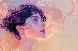 Illustration onirique d’une femme entourée de volutes pastel, utilisée pour une analyse « La mort vous va si bien » sur Memento-mori.