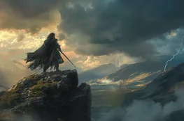 Guerrier solitaire sur une montagne orageuse, dans une scène rappelant Highlander, illustrant la dimension Memento-mori de l’immortalité.