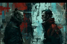 Deux hommes se font face dans un décor abstrait aux tons rouges et bleus, dans une ambiance inspirée de Looper, comme une confrontation symbolique rappelant un memento-mori futuriste.