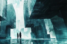 Laboratoire futuriste inspiré de The island, montrant des corps humains en capsules technologiques, illustrant une vision transhumaniste opposée à la philosophie Memento-mori et à l’acceptation de la mortalité.