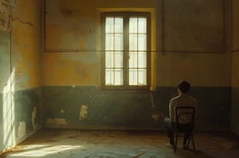 Un homme assis seul dans une pièce vide et usée par le temps, éclairée par une fenêtre, illustrant The Man from Earth dans une atmosphère Memento-mori, entre immortalité, mémoire et finitude.