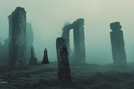 Paysage de ruines dans la brume inspiré de The Green Knight, illustration visuelle du thème Memento-mori et de la contemplation de la mort.