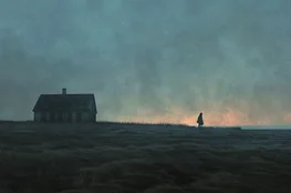 Silhouette solitaire près d’une maison isolée dans un paysage brumeux évoquant A Ghost Story et l’esthétique Memento-mori
