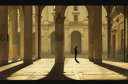 Silhouette solitaire sous des arches baignées de lumière, évoquant le temps suspendu et la quête d’humanité dans l’homme bicentenaire, dans une ambiance Memento-mori.