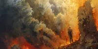 Illustration de La mort symbolique représentant un être humain contemplant la fin d’un monde en flammes, symbole de dépouillement intérieur et de transformation spirituelle, dans l’univers visuel de Memento-mori.