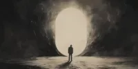 Illustration symbolique représentant le lien entre mort et pouvoir : une silhouette face à une ouverture lumineuse, rappel visuel du memento-mori.
