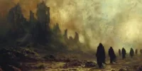 Silhouettes sombres marchant dans un paysage apocalyptique en ruines, symbolisant la quête de Dysthymus pour vivre après la mort intérieure – visuel issu de Memento-mori.