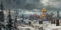 Scène hivernale représentant des traditions funéraires russes avec un cortège orthodoxe autour d’un cercueil dans un cimetière enneigé, au pied d’une église aux dômes dorés.