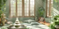 Créer un espace de méditation chez soi avec des plantes vertes, des coussins au sol, une fontaine centrale et une lumière naturelle douce.