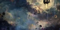 Paysage surréaliste représentant un champ de fleurs fanées sous une lune ornée d’un crâne, évoquant la mort dans les œuvres de Salvador Dalí.