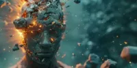 Image représentant un visage humanoïde fracturé avec des éclats de roche en suspension et des lueurs intérieures incandescentes, illustrant visuellement le concept de pleine conscience et réduction de la colère.